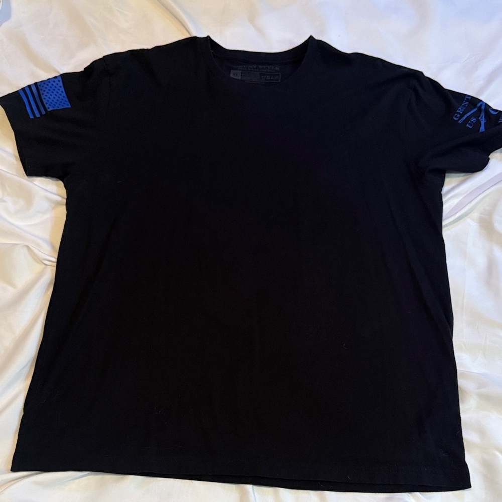 Grunt Style Black Short Sleeve Crewneck Tee with Blue Sleeve Accents
